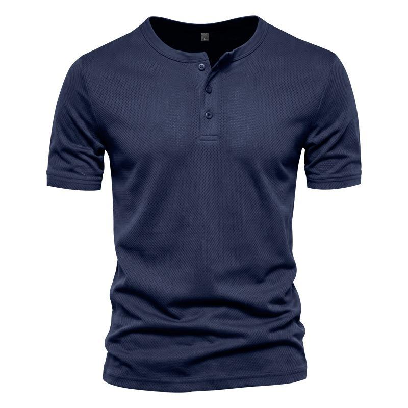 Men Henley Collar Short Sleeve Quick Dry Mesh Casual Sports Loose T Shirt