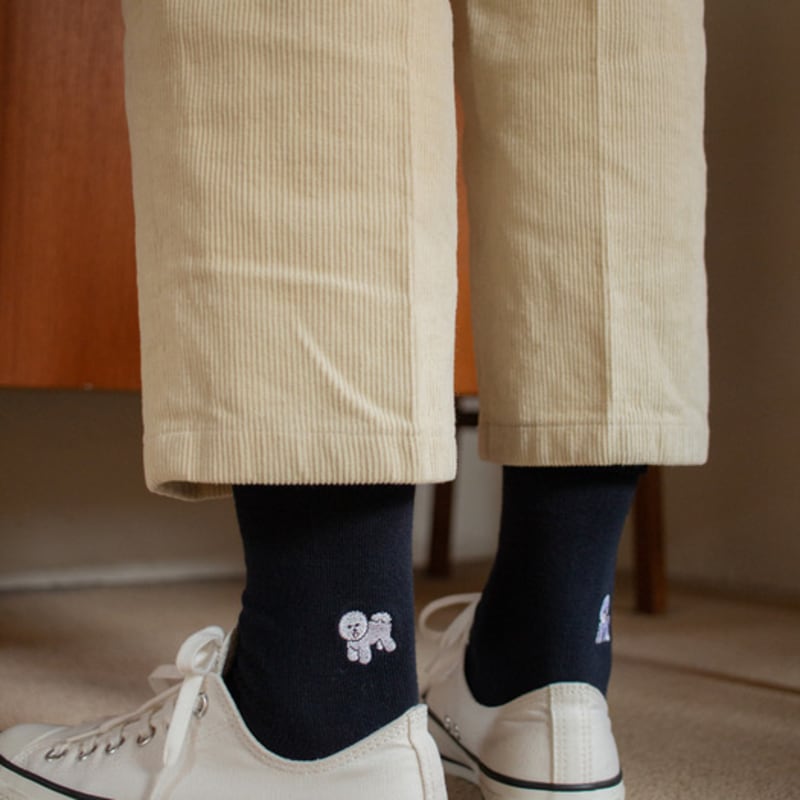 SNOOZY Bichon Puppy Embroidered Socks (Dark Navy)