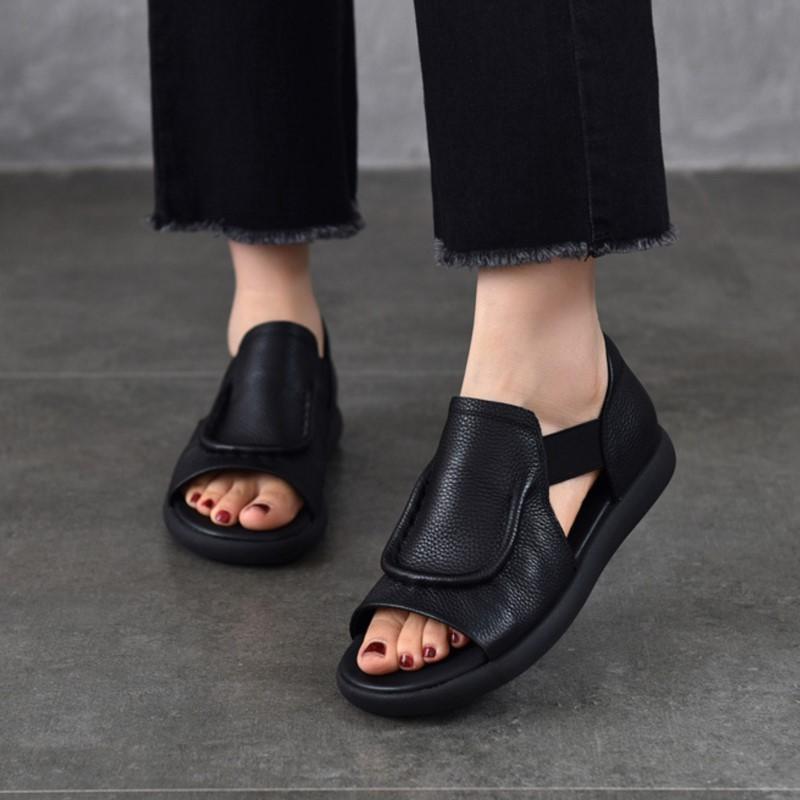 Johnature Simple Versatile Flat Sandals Genuine Leather Cowhide Hollowed Out Peep Toed Women's Shoes