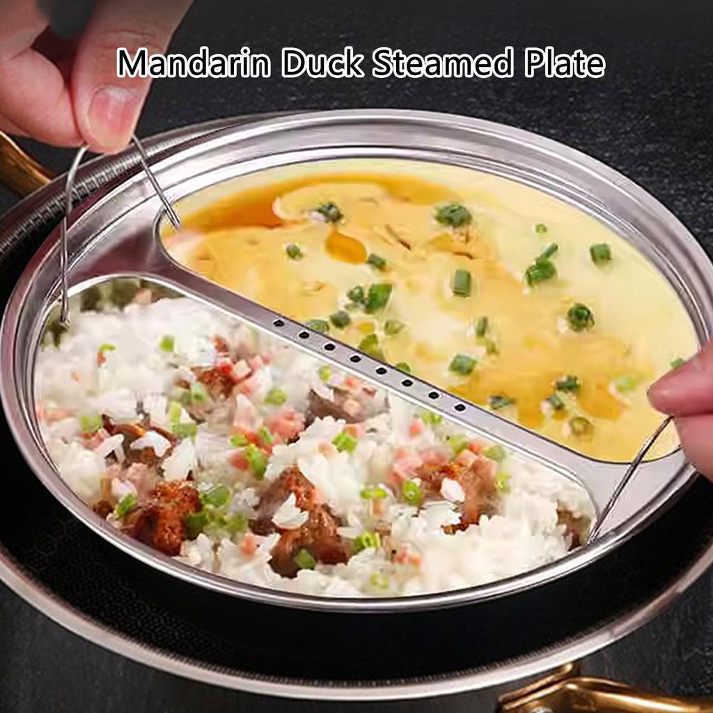 Large Stainless Steel Divided Steamers Tray for Vegetables and Rice Round Food Holder with Double Handle Steaming Plate
