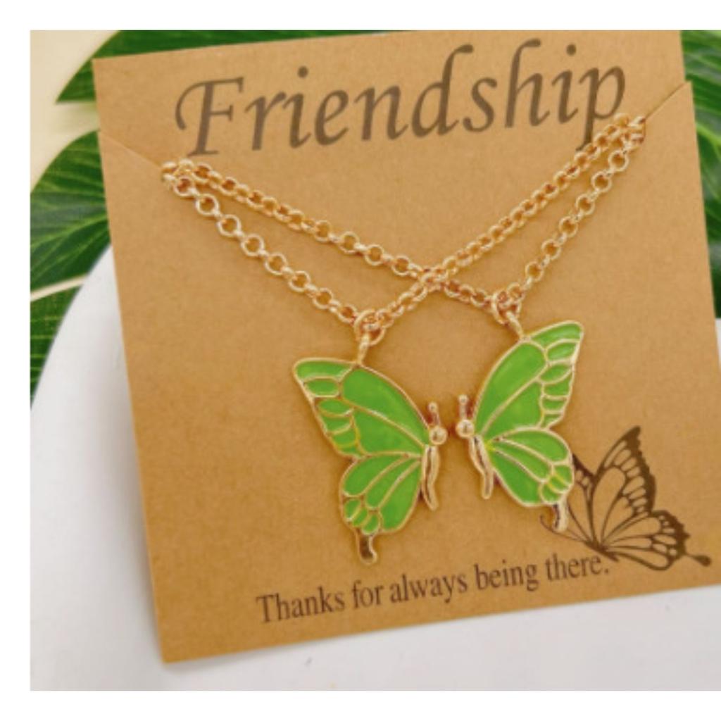 Split Butterfly Pendant Necklace Set Pink Enamel Matching Butterfly Necklaces for Best Friends