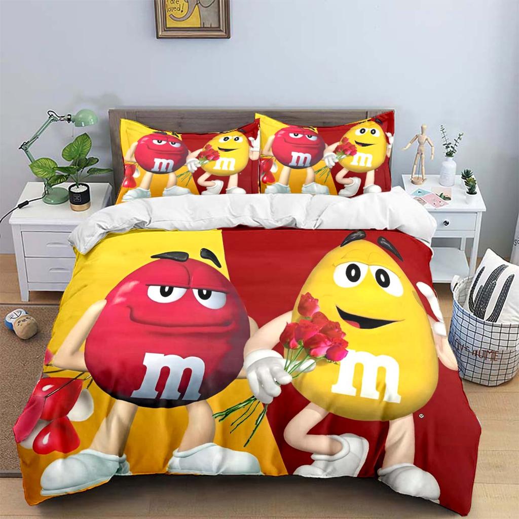 Hot Fashion M&M Chocolate Logo Print Bedding Sets Exquisite Bed Supplies Set Duvet Cover Bed Comforter Set Bedding Set Kids Gift