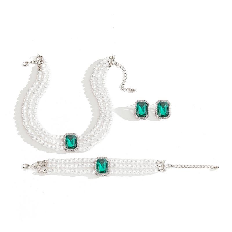 Imitation pearl necklace set jewelry exaggerated light luxury gemstone collarbone chain retro ring bracelet