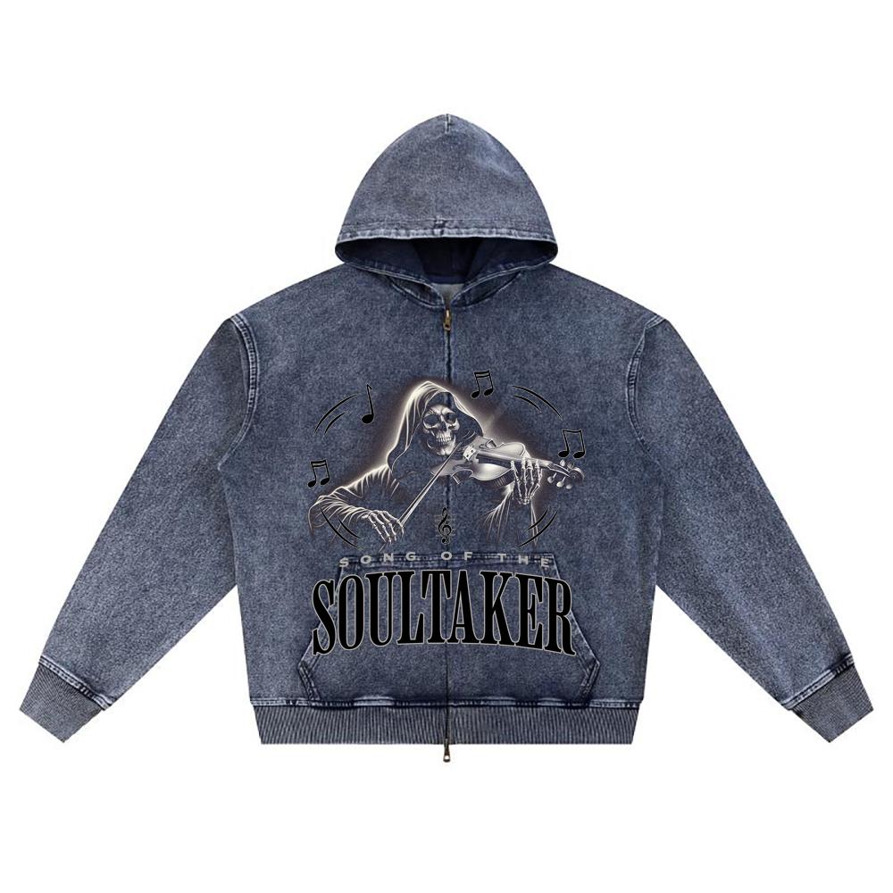 

DTG print Knitted Denim Zip-Up Hoodie Soultaker Brother Print Zipper Hoodies XL