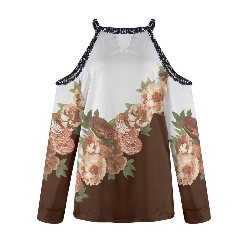 Women's Fashion Casual Temperament Flower Round Neck Off-shoulder Matching Color Long Sleeve T-shirt Top