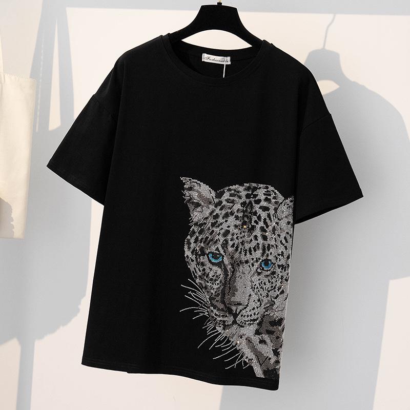 200g Combed Cotton Women's Plus Size Rhinestone Top, 2023 Mid-Length Style
