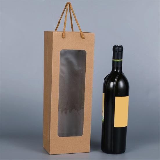 Kraft Paper Bag Decorative Oblong Shape Detachable Carry Cord Portable Pack Red Wine Contrast Color Translucent Visible Gift Bag for Champagne