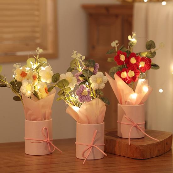Crochet Flower Bouquet with LED Light Strip Handmade Knitting Yarn Floral Decoration Home Office Table Centerpiece Mother's Day Birthday Gift