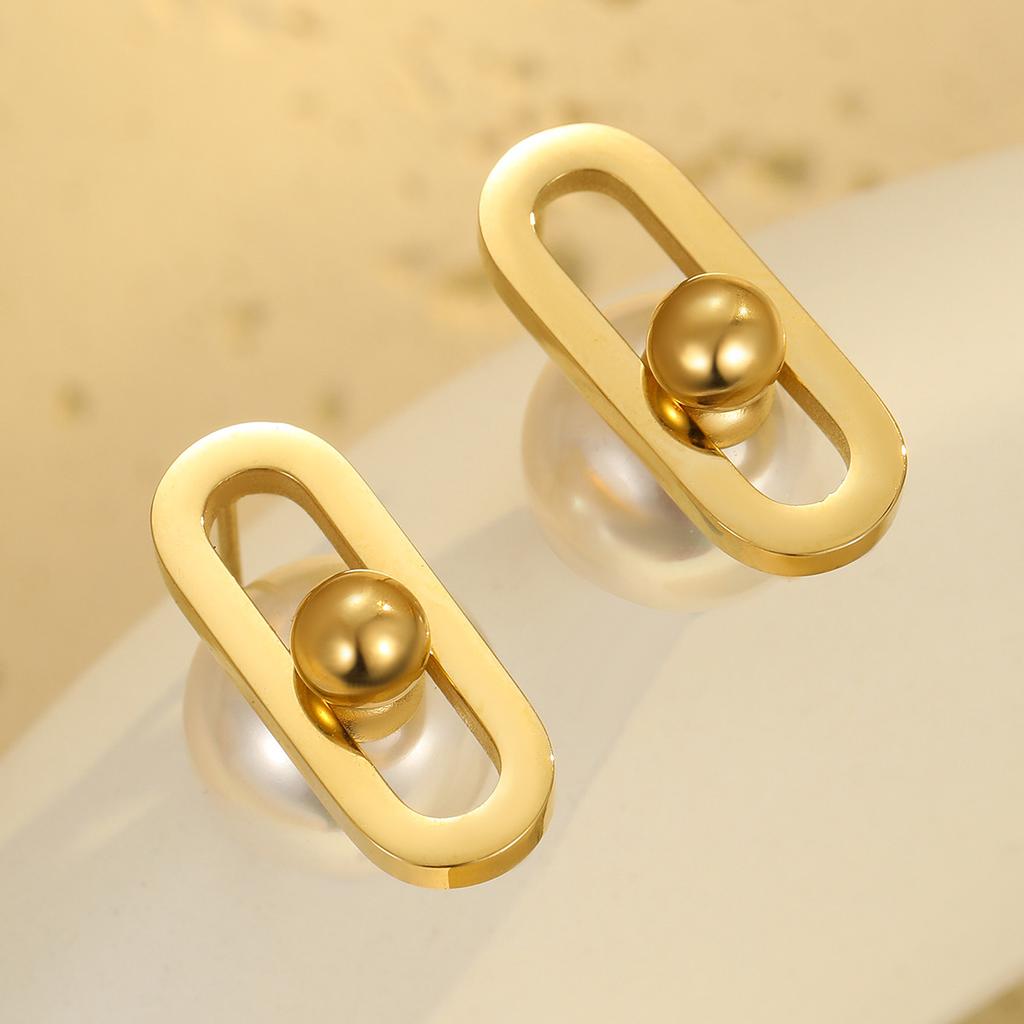 GEMCHIC Women's Minimalist Geometric Faux Pearl Stainless Steel Stud Earrings Gold Plated Elegant Fashion Jewelry