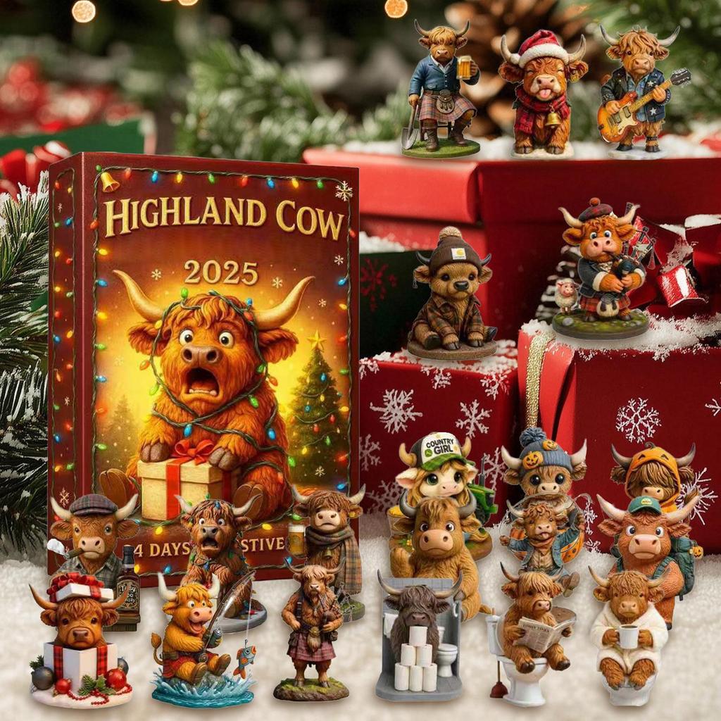 3D Highland Cow Figures Ornaments 24pcs Different Christmas Tree Highland Cow Pendants Ornament Christmas Countdown Calendar