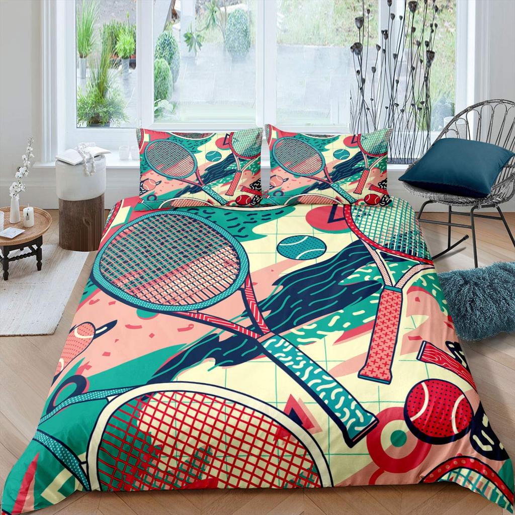 Sada povlečení na přikrývku s tenisovým míčkem, sportovní herní tématika, sada ložního prádla velikosti twin pro děti, teenagery, dospělé, povlak na přikrývku s tenisovou raketou a míčkem