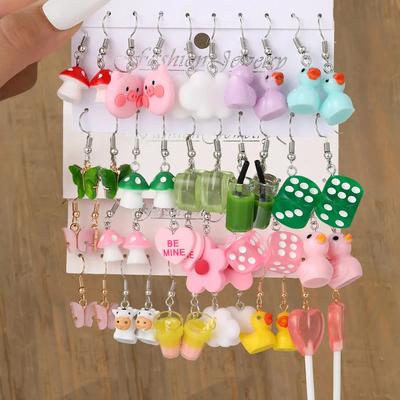 Karikatür Kelebek Kalp Kanca Küpe Seti Kadınlar için Renkli Reçine Ördek Damla Küpe Delici Aksesuarları Takı