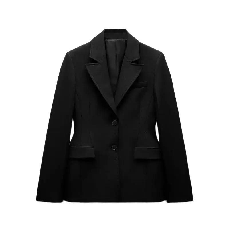 Herbst und Winter Damen Schwarz Klappentasche Gürtel Schulterpolster Schlanke Anzugjacke Temperament Vielseitig