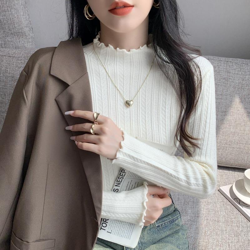 Fresh and fashionable semi-turtleneck fungus edge long-sleeved knitted sweater women's spring age-reducing thin bottoming top