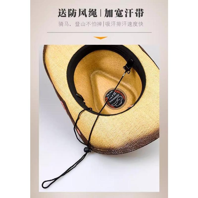 Three Dimensional Embroidery Handmade Western Cowboy Straw Fedora Hat