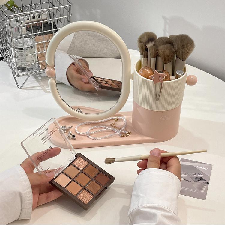 Rotatable Makeup Mirror with Storage Box, Desktop Cosmetic Brush Holder, Multifunctional Table Vanity Mirror Tray