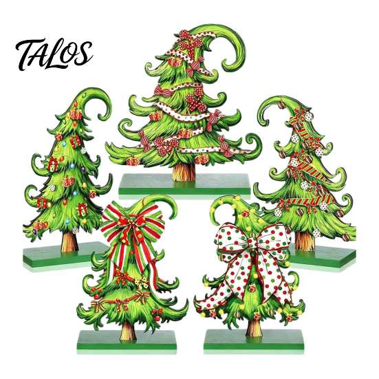 Christmas Table Centerpieces 5 Pcs Wooden Tabletop Tree Signs, Rustic Standing Green Desktop Decor Ornament with Curly Topper for Winter Holiday