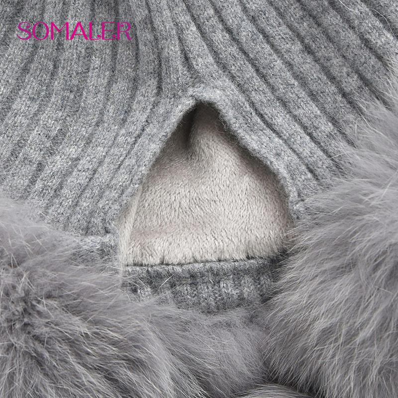 SOMALER Winter Real Fox Fur Hats for Women Fur Pompom Ear Protect Caps Warm Lined Knitted Fur Beanies Fashion Russian Hat