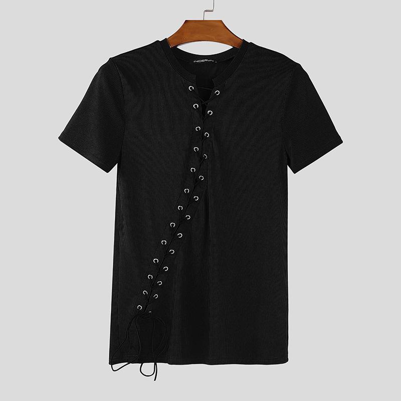 

INCERUN Мужские футболки с коротким рукавом, шнуровкой по бокам, бандажным дизайном, повседневные, приталенные, в рубчик L чёрный