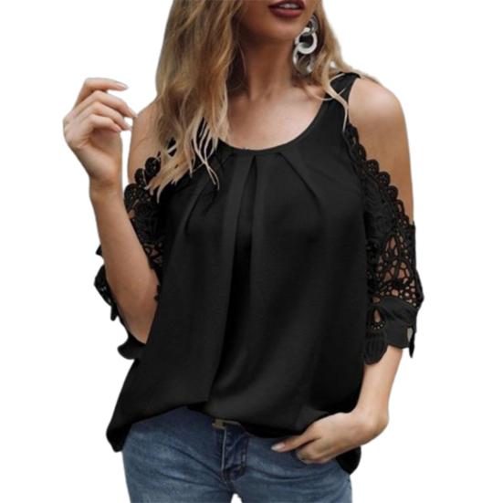 Ladies Top Hollow Lace Sleeves Spring Summer Loose Pure Color Shirt Blouse for Daily Wear