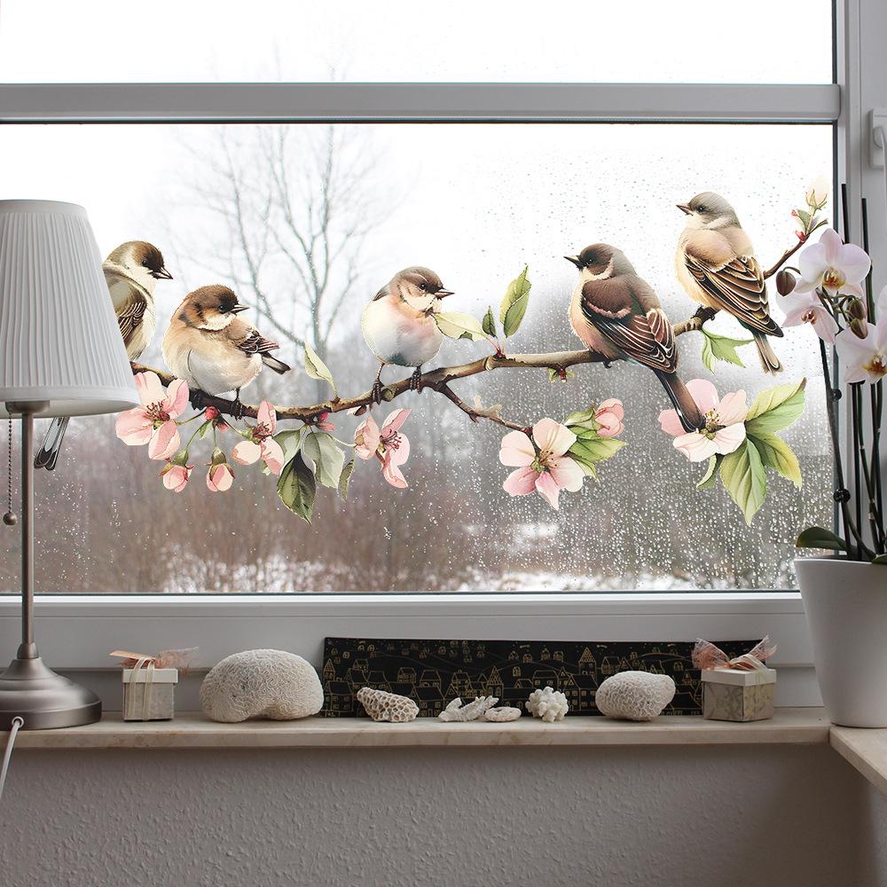 Cartoon Cute Bird Family Branch Flower Animal Wall Stickers Removable for Kid Bedroom Living Room Foyer Decoration Wall Decals