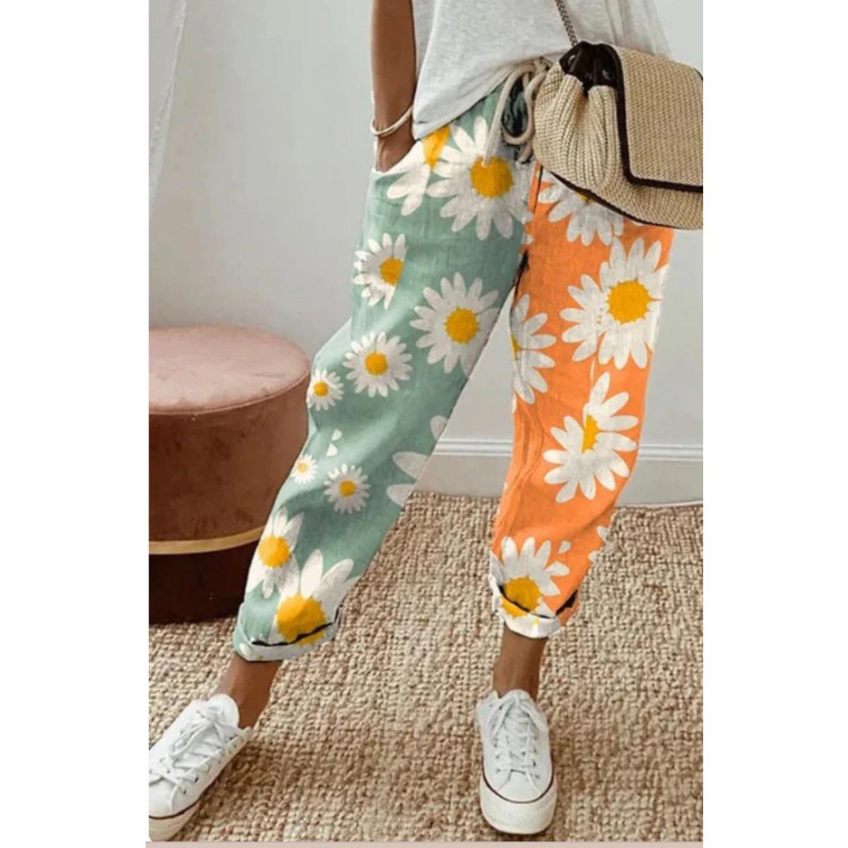 Dámske široké nohavice so vzorom kvetov - Vzor ruží, Rovný strih s vreckom, Oblečenie na jarnú a letnú dovolenku, Elegantná kolekcia, Nohavice so vzorom XXXL