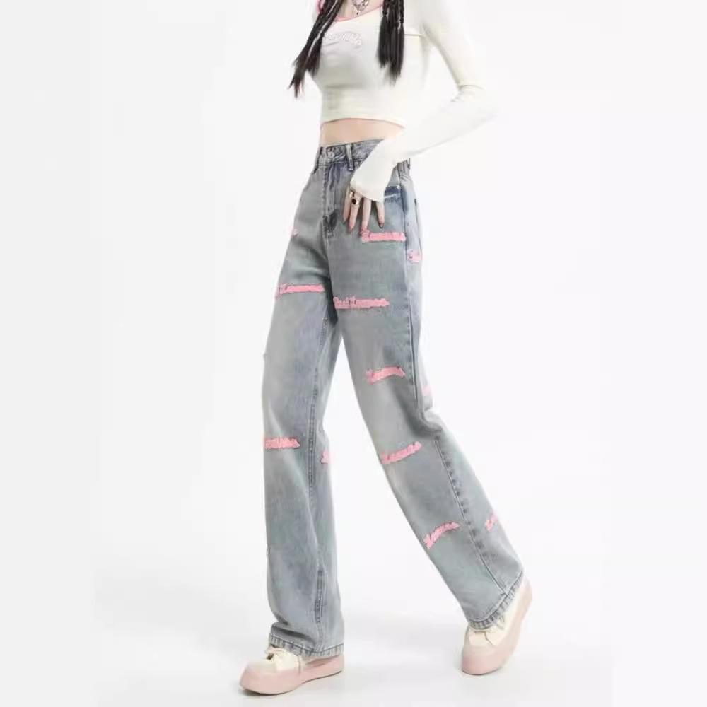 American High Street Hot Girl Embroidered Wide Leg Jeans Women's New High Waist Retro Loose Draggle-Tail Straight Trousers
