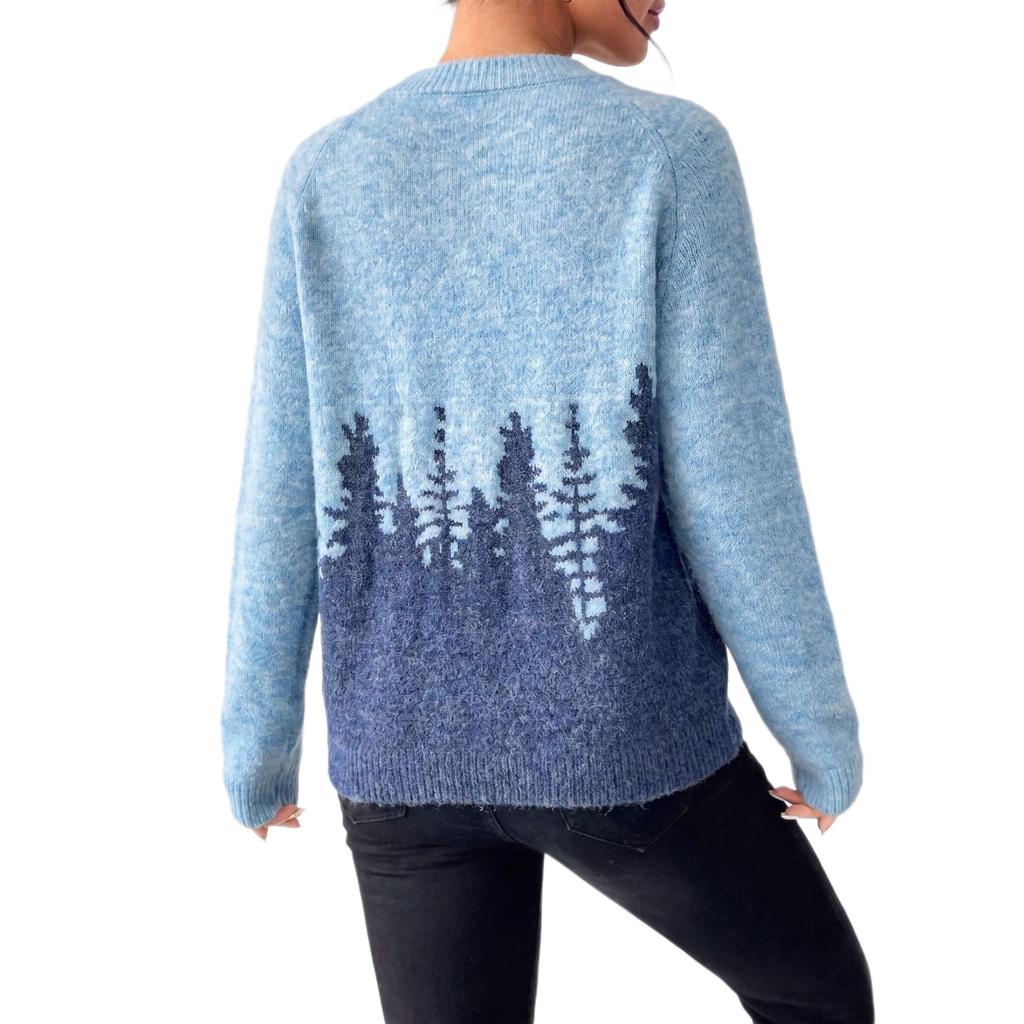 Fashion knitted sweater women's autumn and winter new round neck long-sleeved sweater loose lazy wind forest pattern pullover