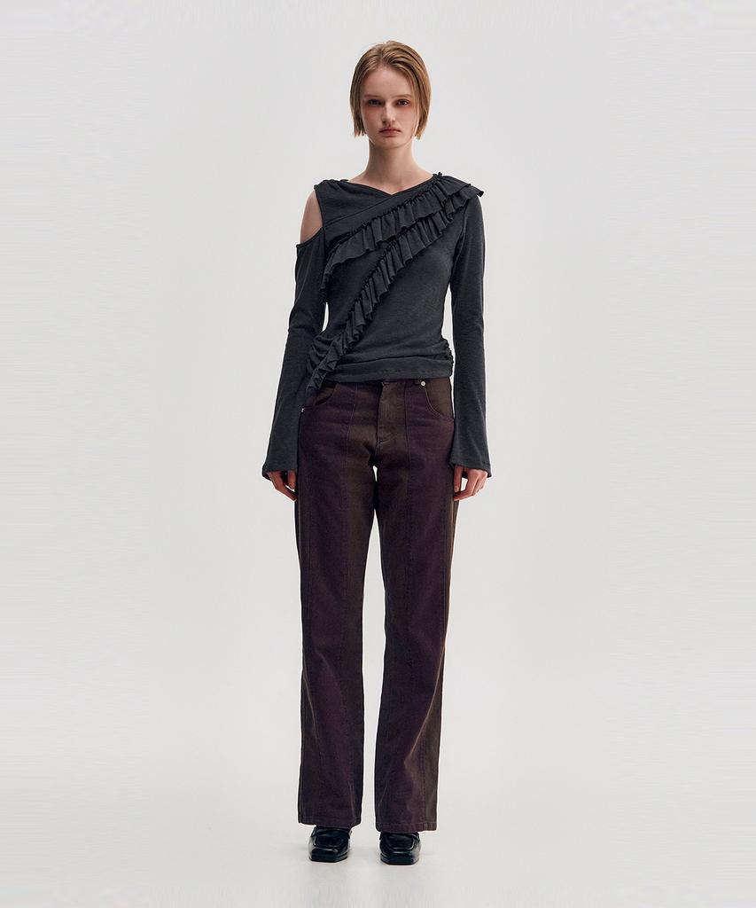 Kimjisu Diagonal Ruffle Jersey Top _ Charcoal