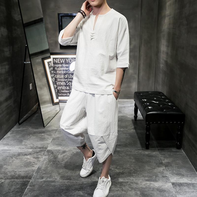 Men's Summer Chinese-Style Cotton Linen T-Shirt and Cropped Pants Suit