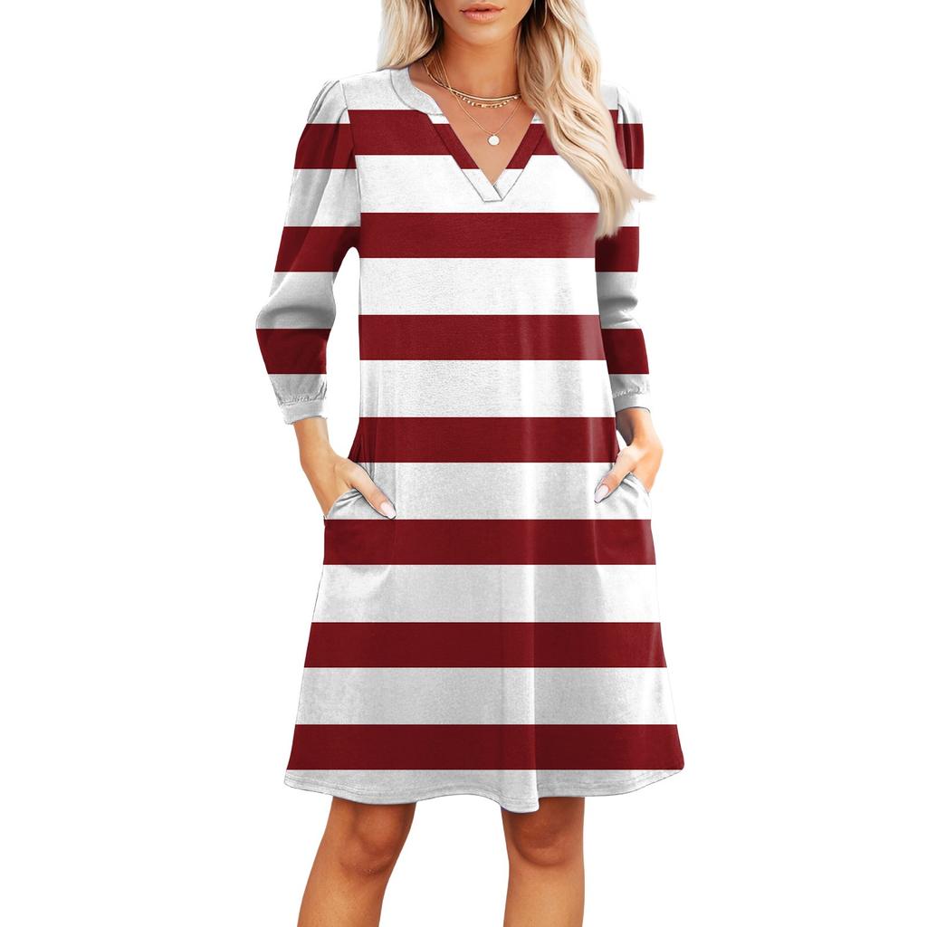 Women's Fashion V-neck Casual Beach Dress Three-quarter Sleeves Striped Print Dress