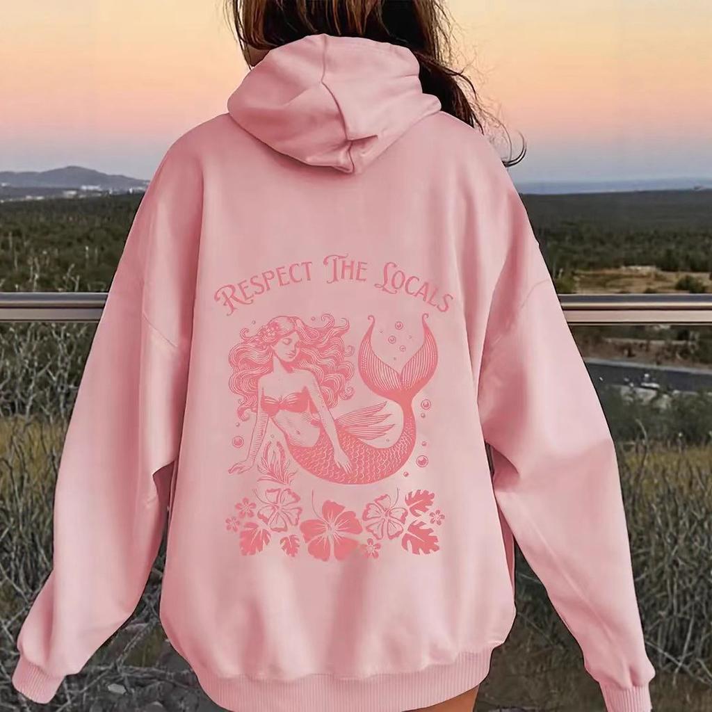 Ladies Spring Autumn Casual Hooded Long Sleeve RESPECT THE LOCALS Letter Printed Pullover Hoodies Sweatshirt Top