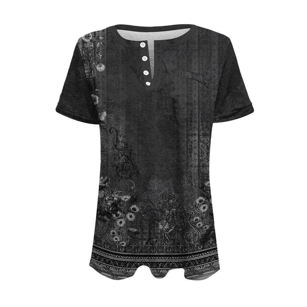 Damska Modna Casualowa Letnia Retro Nadruk Dekolt V Guziki Krótki Rękaw Góra