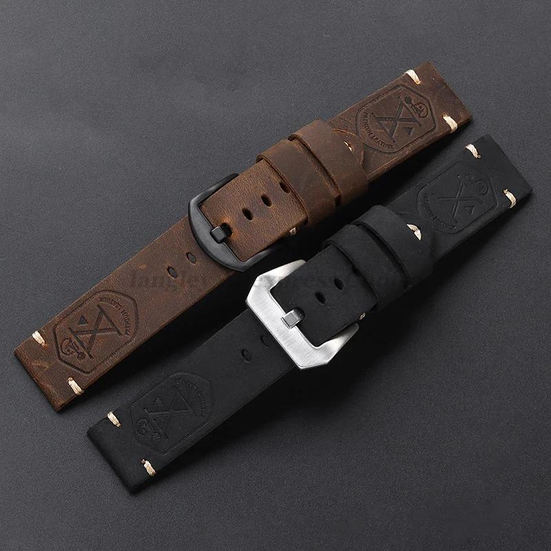 Handmade Cowhide Leather Watchband Strap 20mm 22mm 24mm 26mm Vintage DarkBrown Padded Watchband for PAM111 441 Soft Men Bracelet