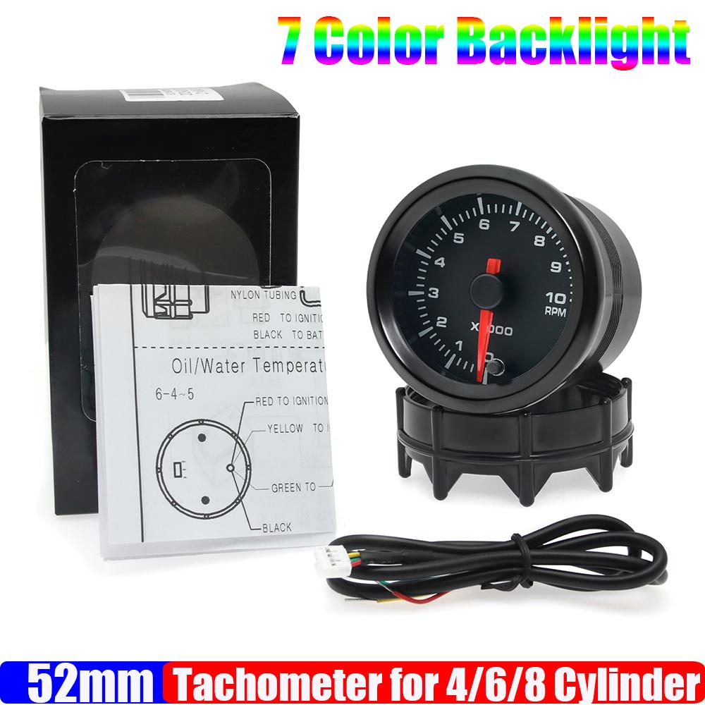 

Автомобильный 2 52мм тахометр с 7-цветной подсветкой 0~10000 об/мин тахометр для 4/6/8-цилиндрового универсального бензинового автомобиля 12В чёрный