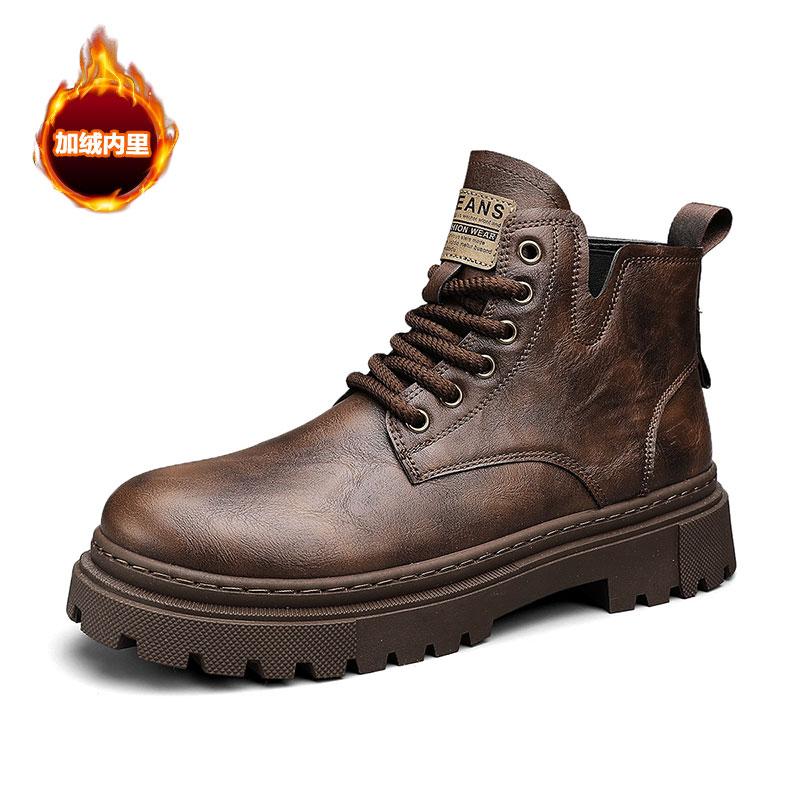 Fashion Men's Biker Boots Casual Leather Tooling Shoe for Men Low Top Short Velvet Fashion Non-slip Trendy All-match Popular Men's Boot