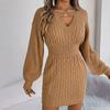 Autumn Winter Women's V-neck Sweater Dress Solid Color Hollow-out Lantern Sleeves Knitted Bodycon Dress