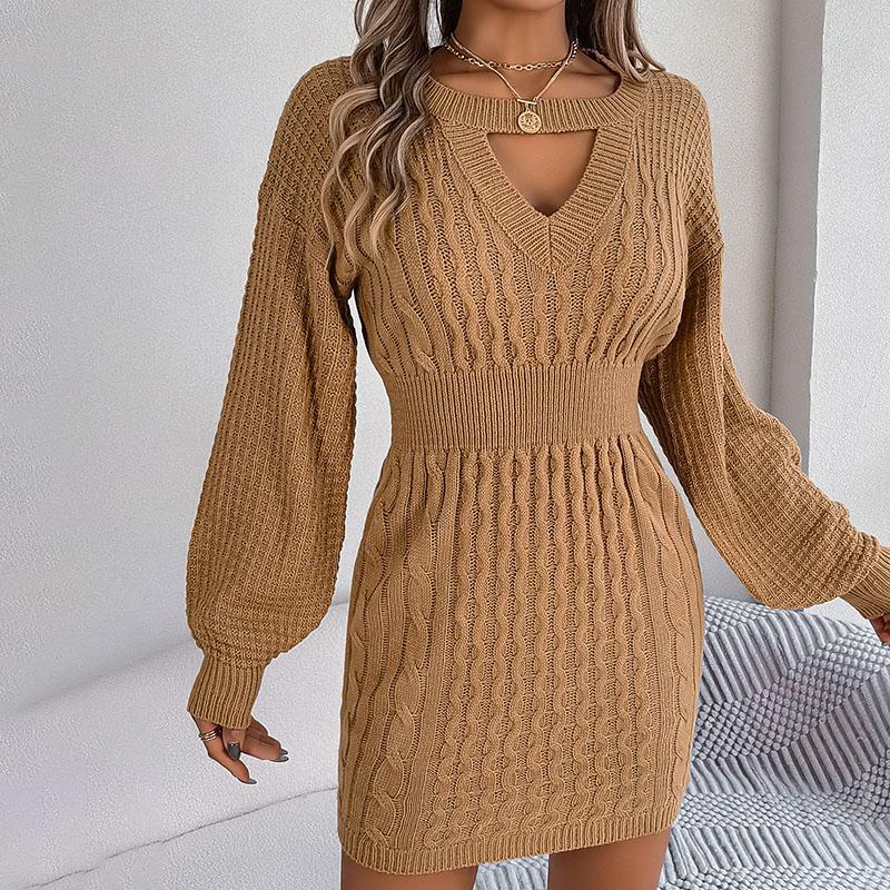 Autumn Winter Women's V-neck Sweater Dress Solid Color Hollow-out Lantern Sleeves Knitted Bodycon Dress