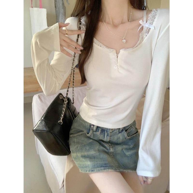 Real shot lace long-sleeved T-shirt women's autumn and winter slim-fit short polished warm pure desire top