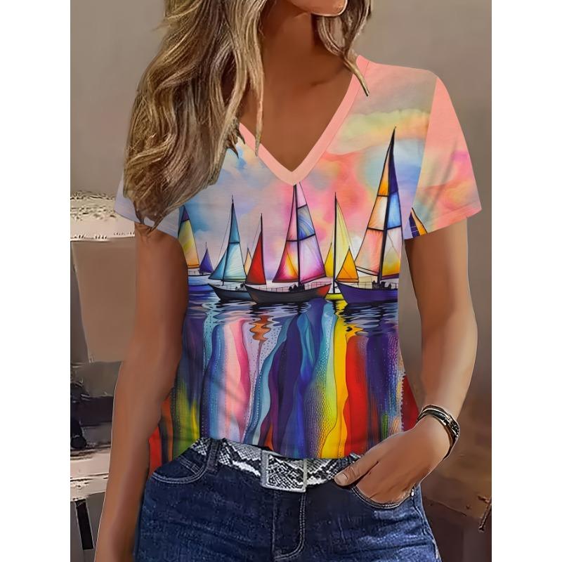 2025 New Summer Women's Black and White Plaid Print T-shirt V-neck Short Sleeve Casual Daily Basic Tops Women's Summer Pullover