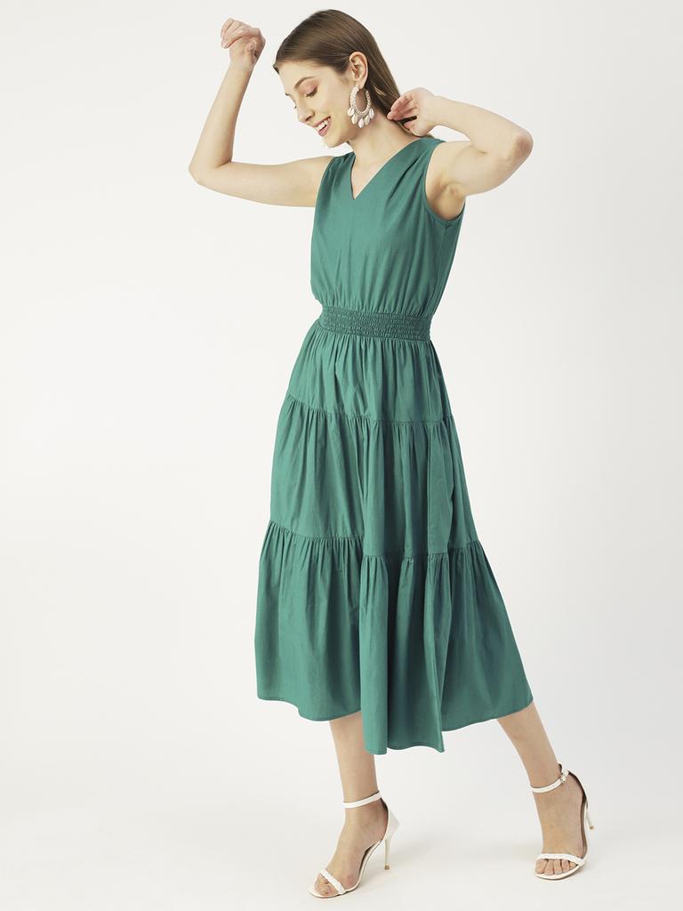 Moomaya Solid Cotton Sleeveless Dress, V-Neck Smocked Waist Tiered Midi