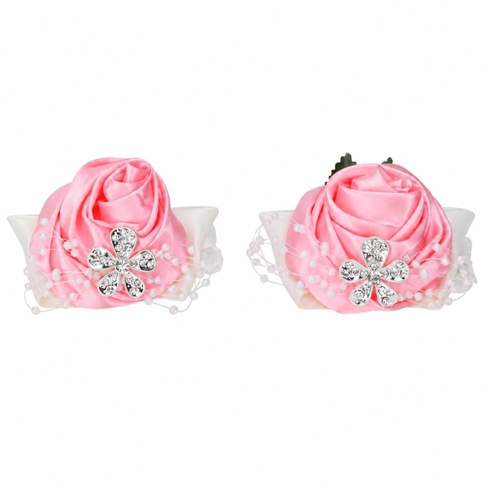 2pcs Rose Red Wrist Corsage Diamond Rose Wedding Corsage Elegant Hand Flower  For Wedding