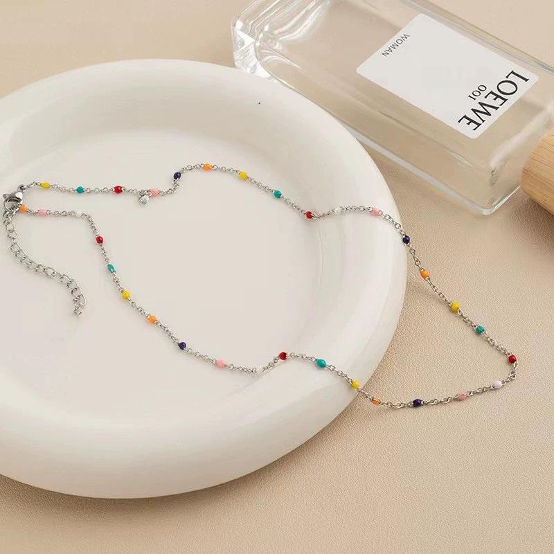 Summer Style Colorful Gravel Necklace & Bracelet Set - Versatile, Niche, and Girlish Clavicle Chain for Women’s Fashion