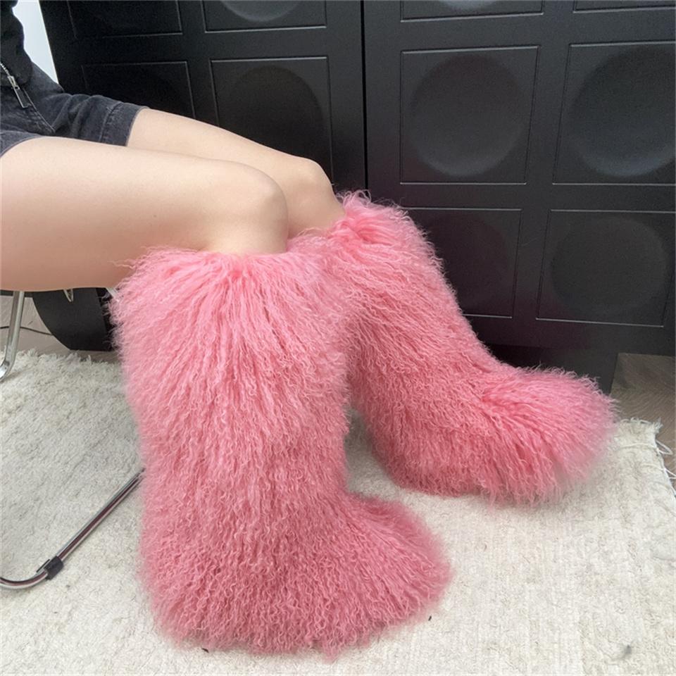 Winte Mongolian Wool Snow Boots Real Long Boots Warm Plush Platform Knee-High Boot Outdoor Furry Cute Over-The-Knee Girls Boots