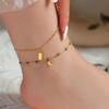 Retro French Green Beaded Gold-Plated Titanium Anklet with Shell Pendant