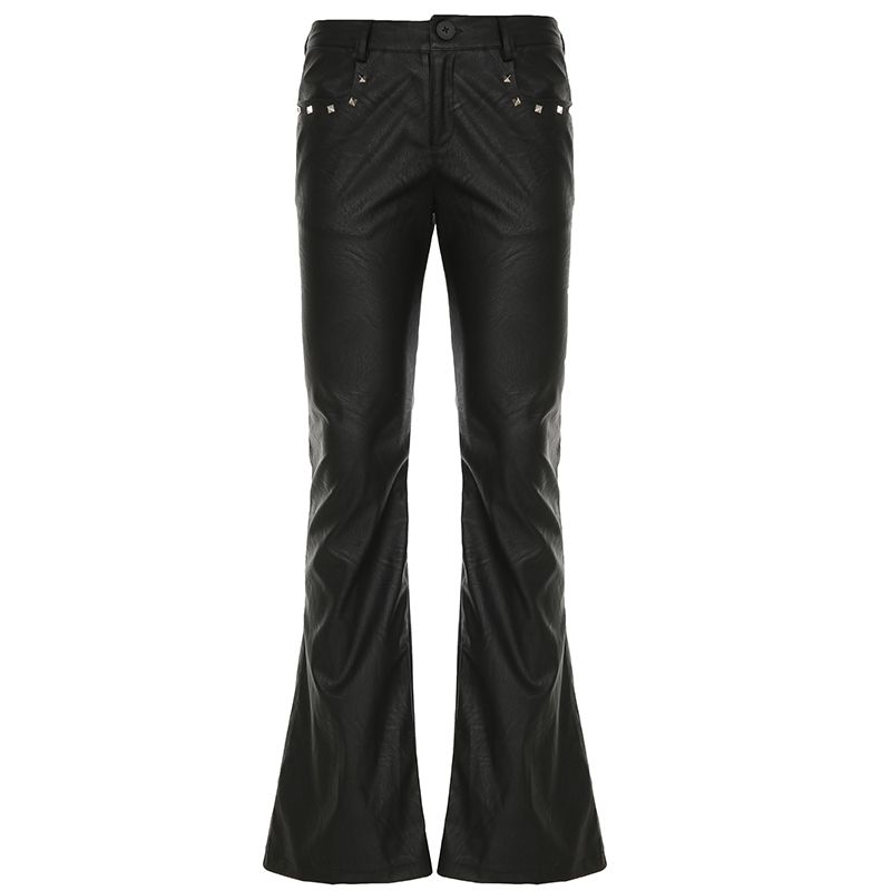 

H Home European and American Women s Clothing Punk Dark Rivet Design Low Waist Leather Pants Female Fashionable Sexy Silm Pu Bootcut Pants Black L