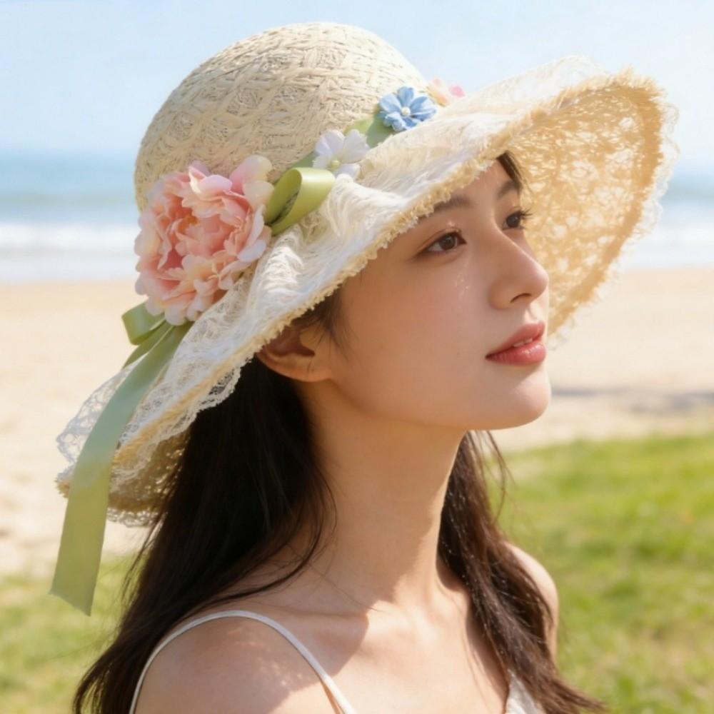 Big Brimmed Vacation Beach Cap Flower Woven Sun Cap Solid Color Lafite Straw Hat  Women