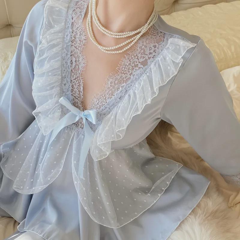 "Letní pyžamový set z ledového hedvábí": Dámský top s 3/4 rukávem a kalhoty se saténovou krajkou, princeznovský styl"