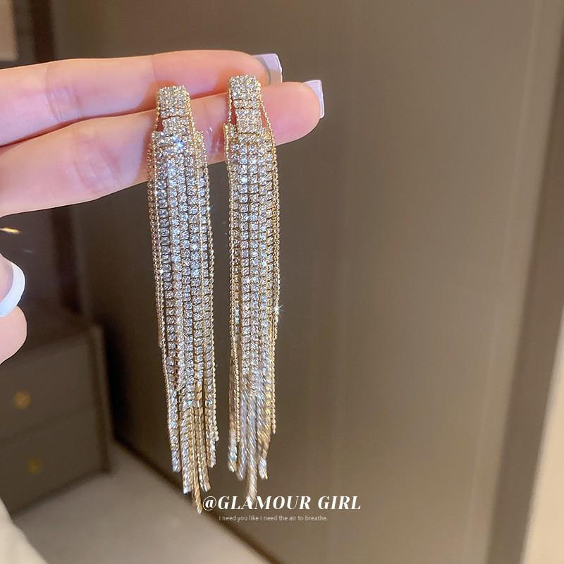 Silver Needle Metal Style Long Zircon Leaf Tassel Earrings Exquisite Fashion Earrings Cold Wind Light Luxury Temperament Earrings