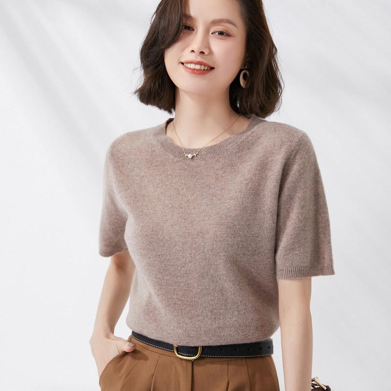 Spring and Autumn Women's T-shirt Knit Shirt Round Neck Simple Temperament Slim Top Solid Color Knitted Bottoming Thin